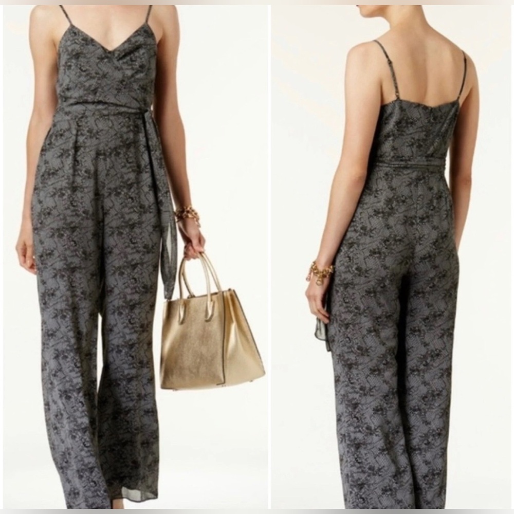 Michael Kors Black Gray Floral Jumpsuit with Spaghetti Straps Wide Flowy Leg XS
